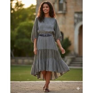 LOVE Binetti Striped Cotton Midi Dress Large High-Low Tiered Ruffle Belted